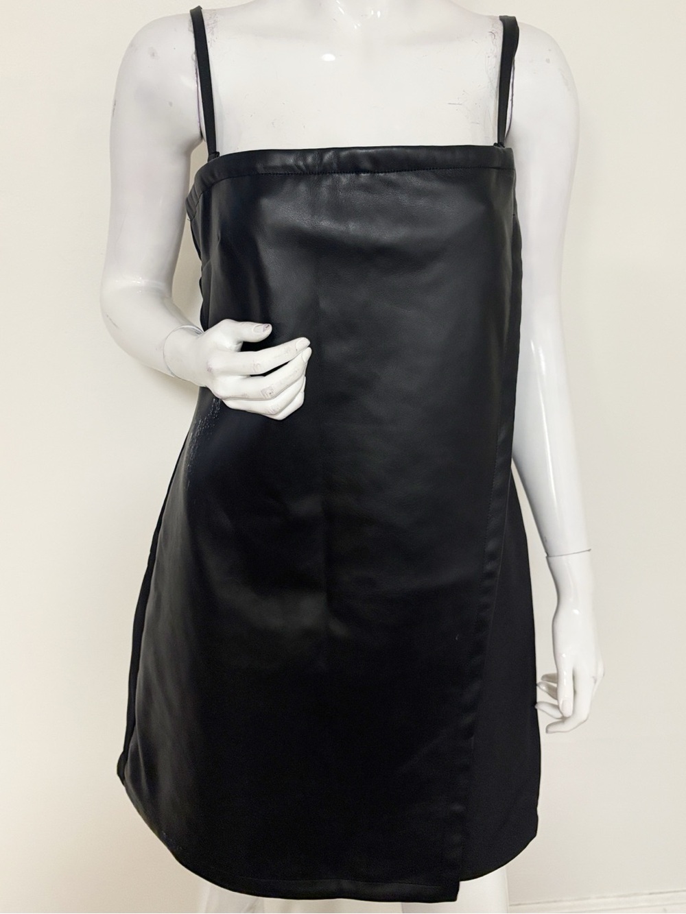 Maniere de Voir Black Squareneck Vegan Faux Leather Mini Tank Dress Dress Romper